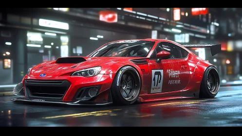 Red widebody race coupe under neon city night rain.