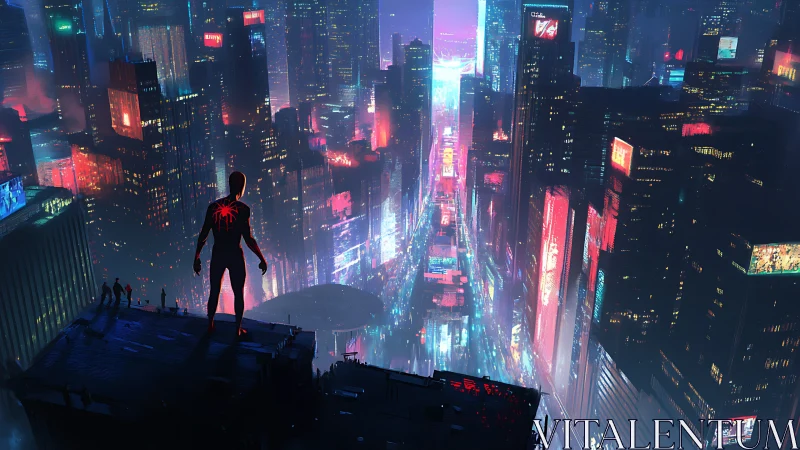 Silhouetted superhero surveys neon cybercity from rooftop edge