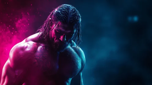 Neon rim-lit warrior rendered in high-contrast digital lighting