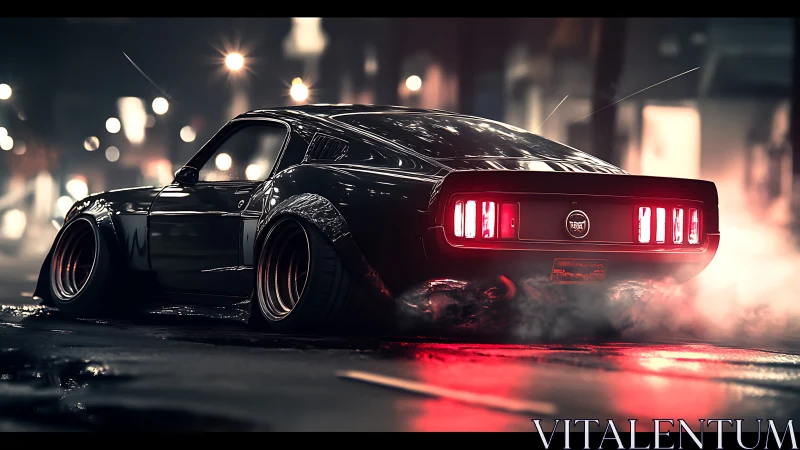 Widebody black muscle car on wet city street at night.