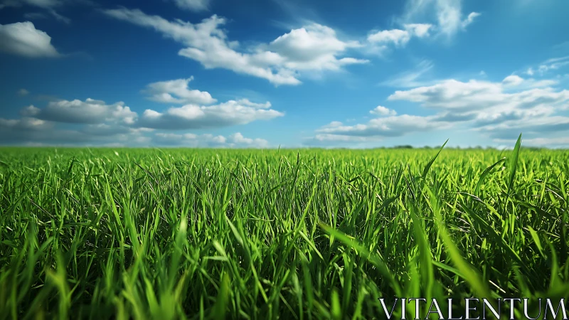 Low-angle meadow grass under vivid blue cumulus sky panorama.