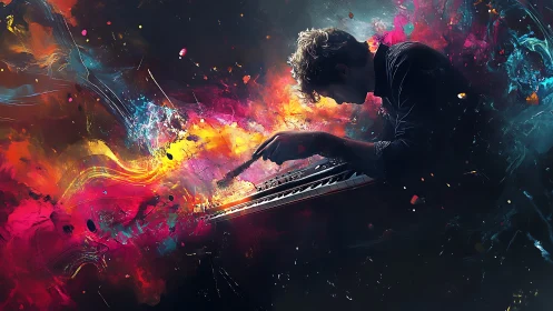 Digital pianist immersed in vivid abstract color swirl.