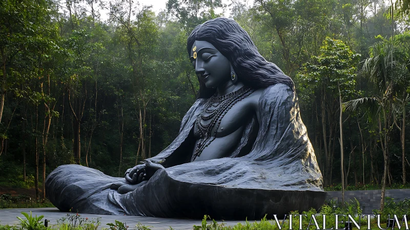 Forest-veiled meditative goddess statue in basalt stillness.