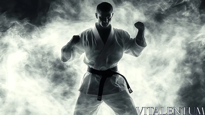 Martial artist silhouette emerges in dramatic high-contrast smoke