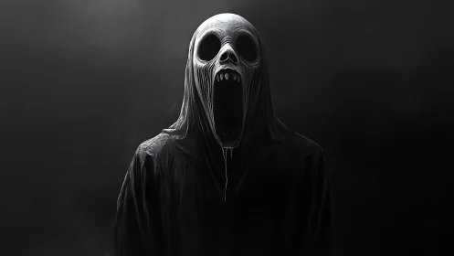 Hooded skeletal wraith screaming in dark void.