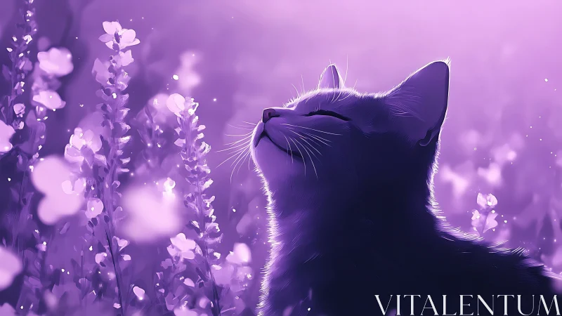 Feline Silhouette Among Lupine Blooms in Ethereal Lavender.