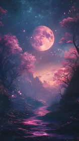 Fantasy moonlit valley with pink trees and glowing river.