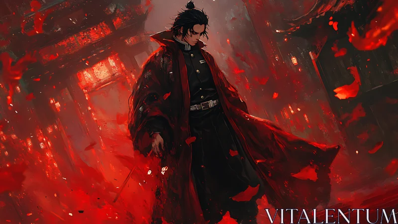 Stormlit ronin walks through ember rain in crimson city.