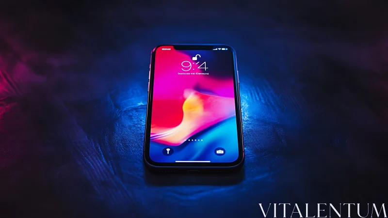 High-end smartphone display rendering liquid gradient wallpaper with neon color transitions