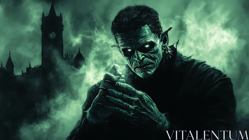 Vampiric fiend broods in toxic green gothic mist.