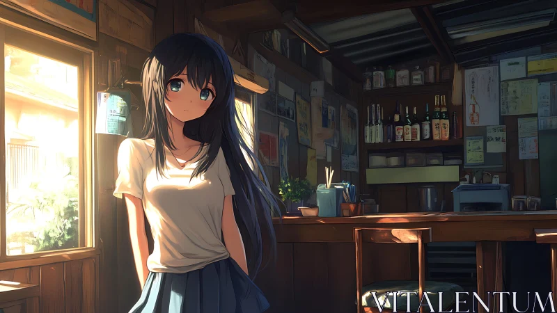 Girl stands in sunlit wooden café interior, quiet mood.