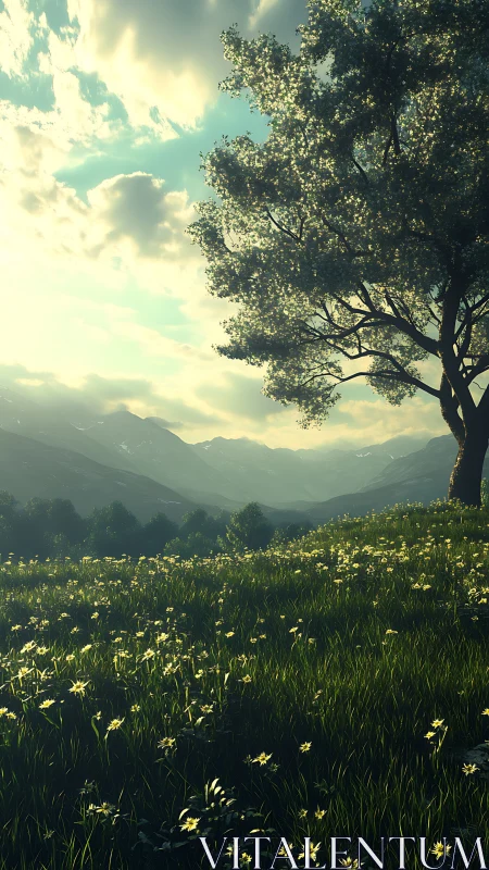 Sunlit meadow and lone tree above distant mountain valley.