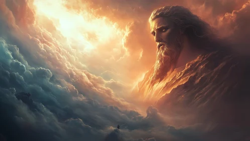 Colossal bearded figure emerging within luminous clouds.