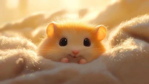 Sunlit puffball hamster nestles into clouds of blanket glow