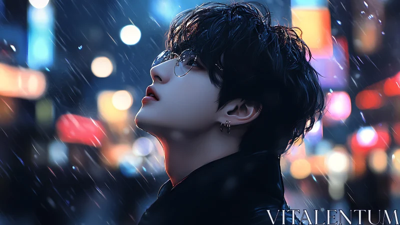 Digital portrait of youth in neon city rain at night.