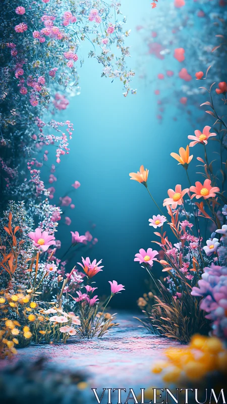 Luminous Floral Gateway: Soft Focus Blooms Against Ethereal Blue.