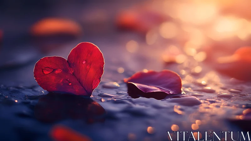 Red Petals on Reflective Surface with Warm Sunset Bokeh.