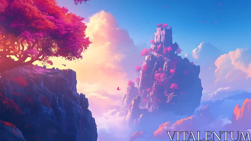 Vibrant fantasy cliffs with pink trees and bright sky.