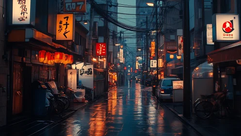 Rain-soaked Tokyo alley glows under neon izakaya lights