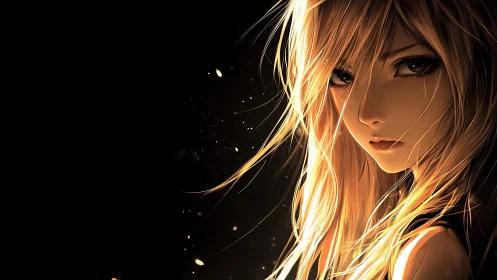 Luminous blonde anime girl emerging from shadowed void.