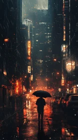 Cyberpunk rain corridor with silhouetted figure and neon reflections.
