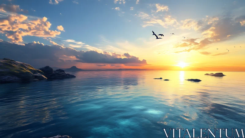 Coastal horizon with low sun, birds in flight, and calm sea.