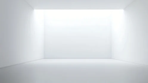 Minimalist white gallery room with soft ceiling light glow.