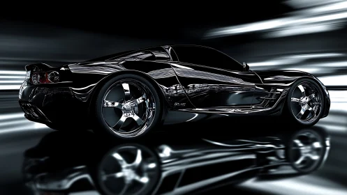 Black sports coupe in motion within blurred tunnel setting.