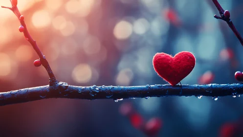 Crimson Heart on Frosted Branch with Bokeh Ambient Lighting