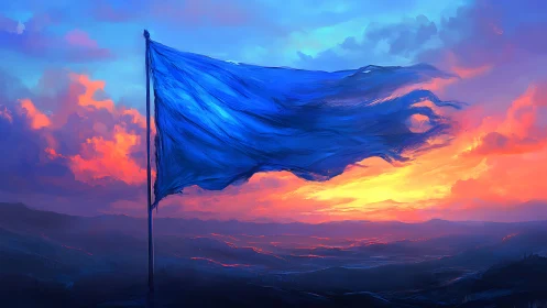 Blue flag tears across vivid sunset sky above dark hills