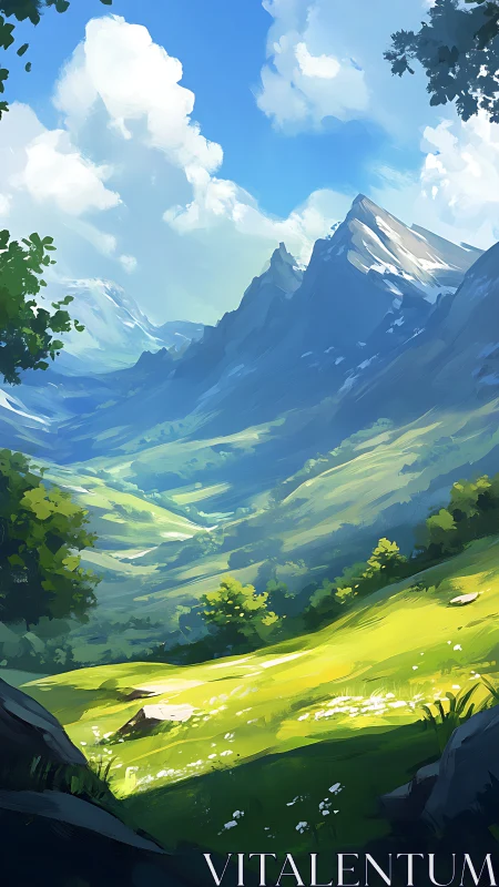 Sunlit alpine meadow below sweeping blue mountains.