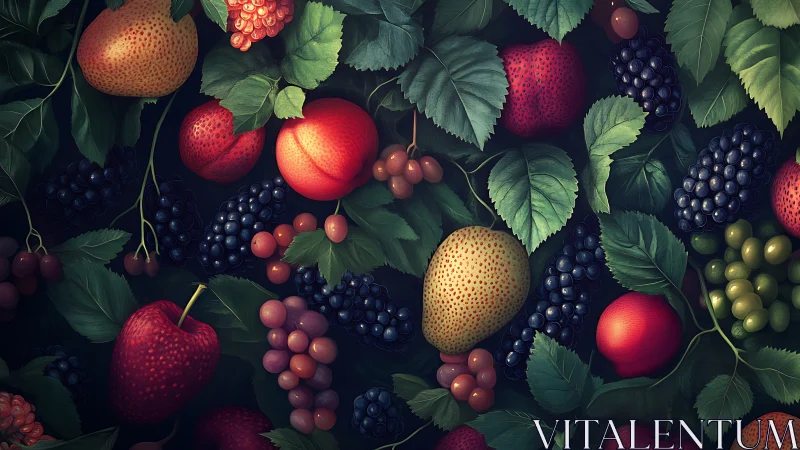 Digital still life of mixed summer fruit under lush leaves.