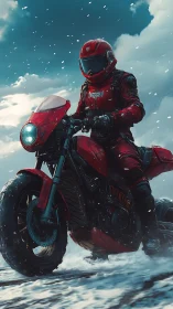 Red armored motorcyclist accelerates through dynamic snowfall