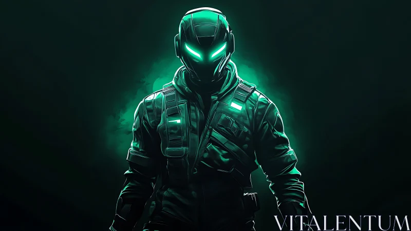 Neon armored cyber soldier in dark futuristic glow.