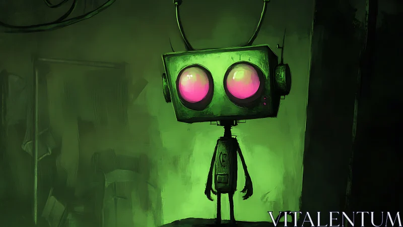 Neon-eyed loner robot glows quietly in toxic green gloom.