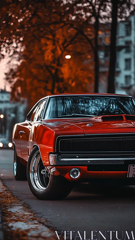Bold red muscle car glows against a warm autumn city street