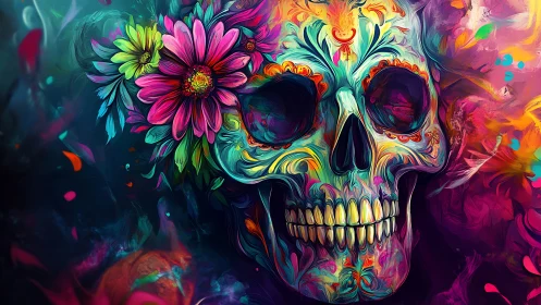 Floral sugar skull ignites neon swirls of life and afterglow.