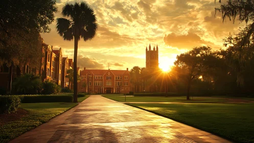 Golden sunrise warms a peaceful college campus walkway