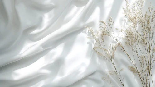 Soft white fabric folds with dried grass in diffused daylight