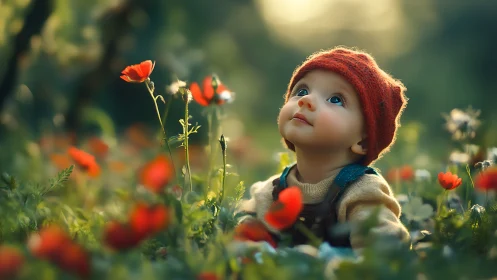 Little daydreamer in a sunlit meadow of red blossoms.