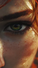 Freckled green eye glows in warm cinematic close-up view.