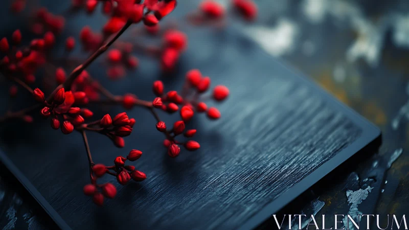 Red berry branch on dark rectangular surface in shallow focus.