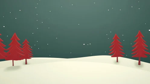 Minimal winter scene with red trees on snowy hills.