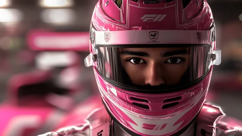 Bright pink racer portrait with focused trackside calm.