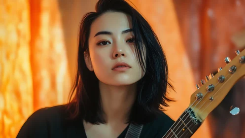 Moody guitarist gazes into warm light with quiet confidence