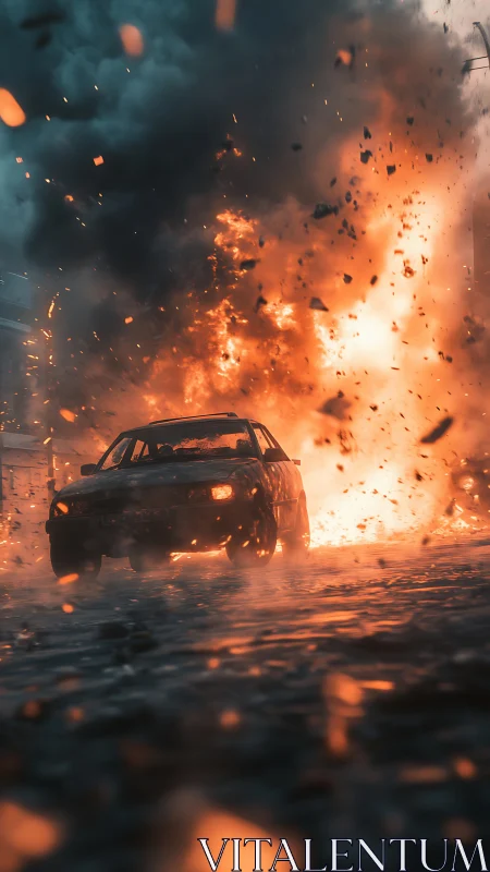 Sedan escaping large explosion with debris field