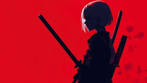 Stoic anime swordswoman stands silhouetted in blood-red dusk.