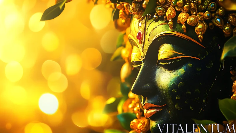 Golden goddess portrait glows softly in warm bokeh light