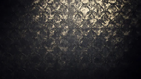 Embossed metallic wall texture with distressed circular floral pattern
