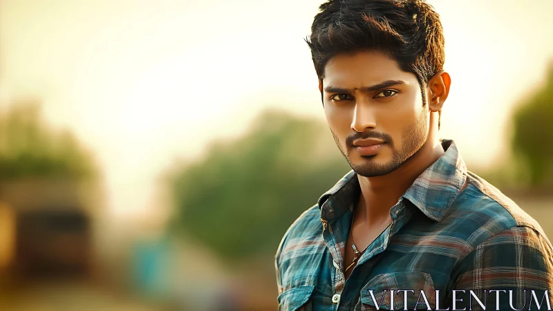 Sunlit gaze of a quiet rebel in plaid twilight fields.